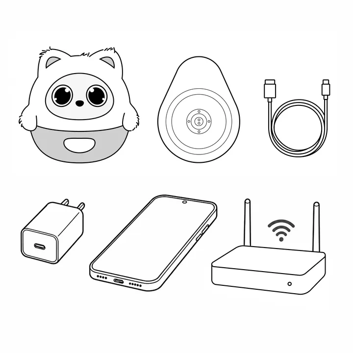 Pophie, laadstation, kabel, voedingsadapter, telefoon en wifirouter