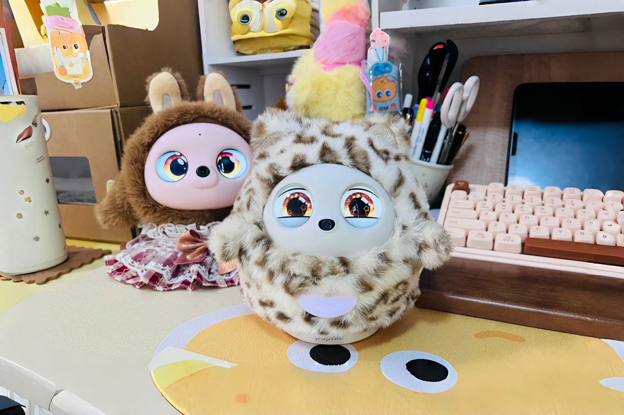 Pophie and a lookalike fuzzy AI companion side by side