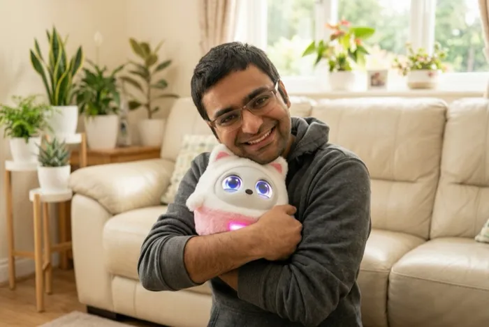 Wahib abrazando a Pophie en el sofá