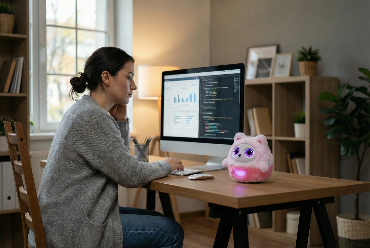Pophie reminding a woman at her desk to take an eye break